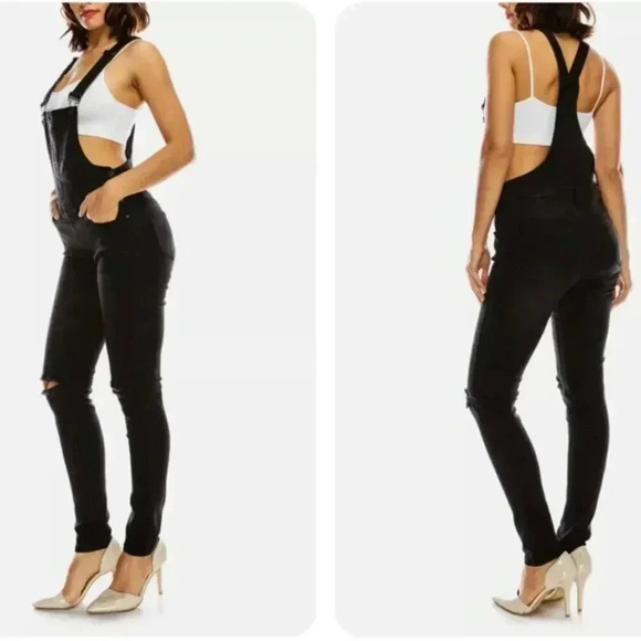 2/$30 American Bazi Size Small Bib Overalls Women Black Distressed Denim Jean - Picture 1 of 10